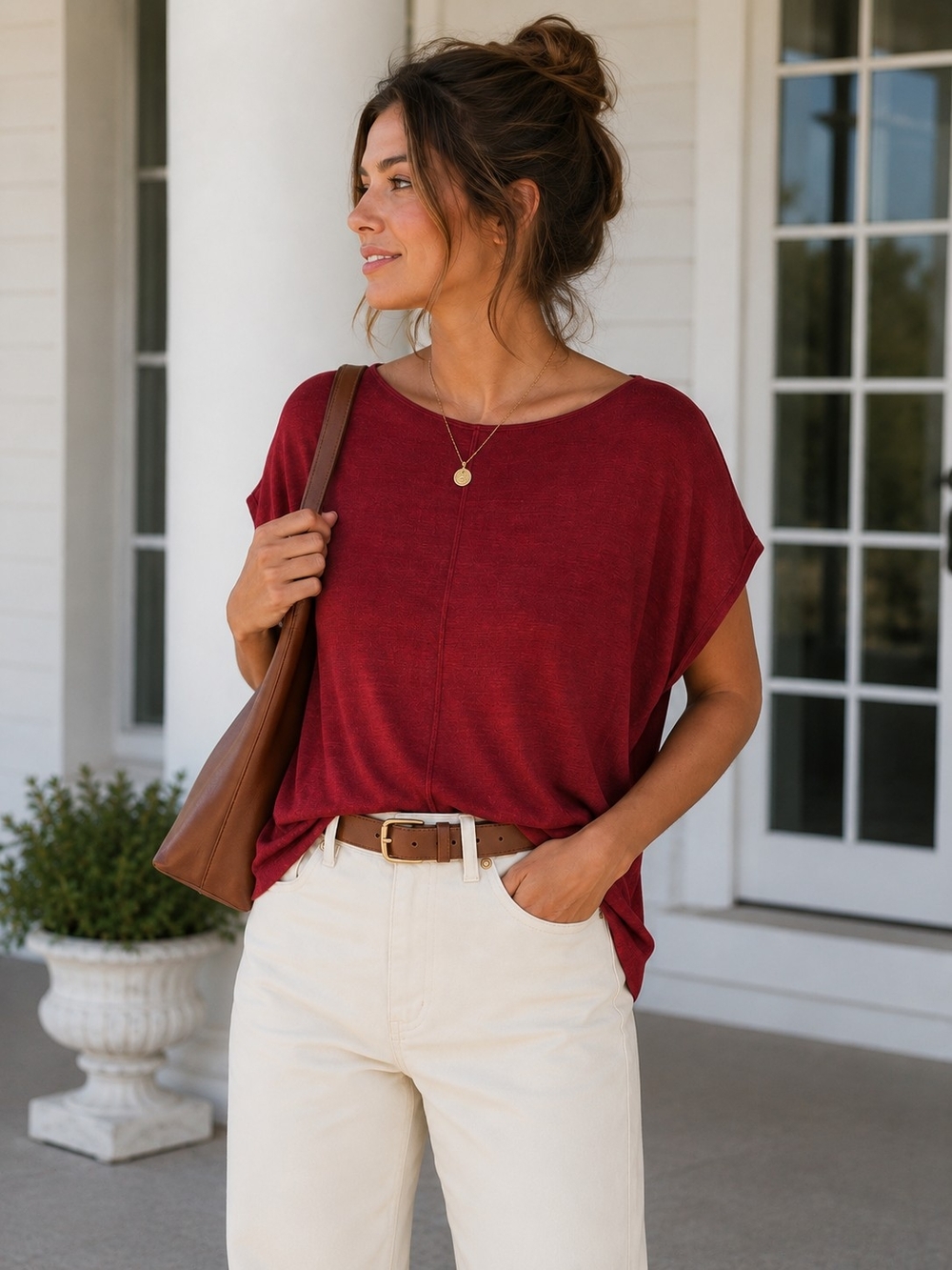 Ralph Lauren Women's Burgundy Dolman Sleeve Knit Top | Boat Neck Lightweight
